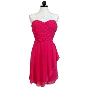 David’s Bridal Strapless Short Crinkle Chiffon Dress Front Cascade Hot Pink  12